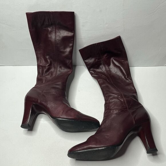 Elastomere Burgundy Red Leather Heeled Boots Womens Size 7 West Germany - Picture 1 of 11